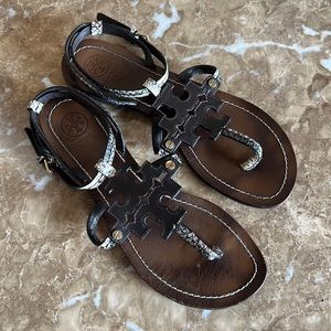 Tory Burch brown leather logo with snakeskin sandals, size 8